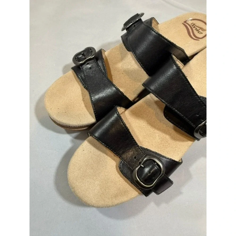 Dansko Black Leather Sophie Slip on Wedge Slide Sandals Adjustable Buckle 41